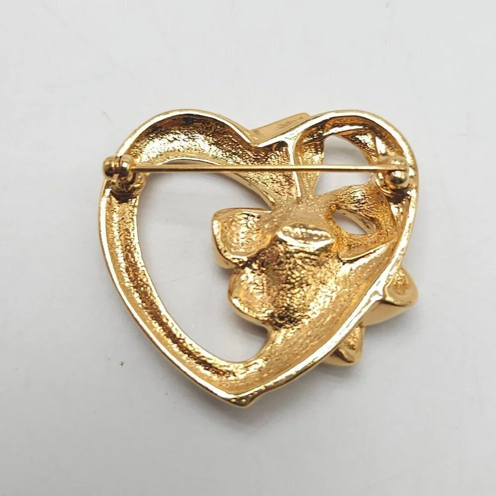 Avon Gold Tone Heart Brooch With Floral Pink Rhinestone Accent Vintage